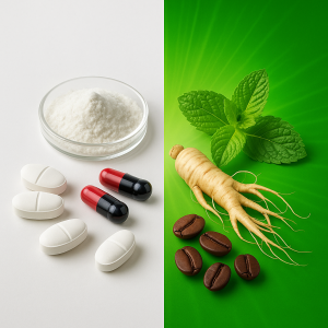 مکمل‌ های انرژی‌زا شامل قرص کافئین، کراتین و کپسول‌های B12 در کنار جینسینگ، دانه‌های قهوه و برگ نعناع روی پس‌زمینه سبز و سفید