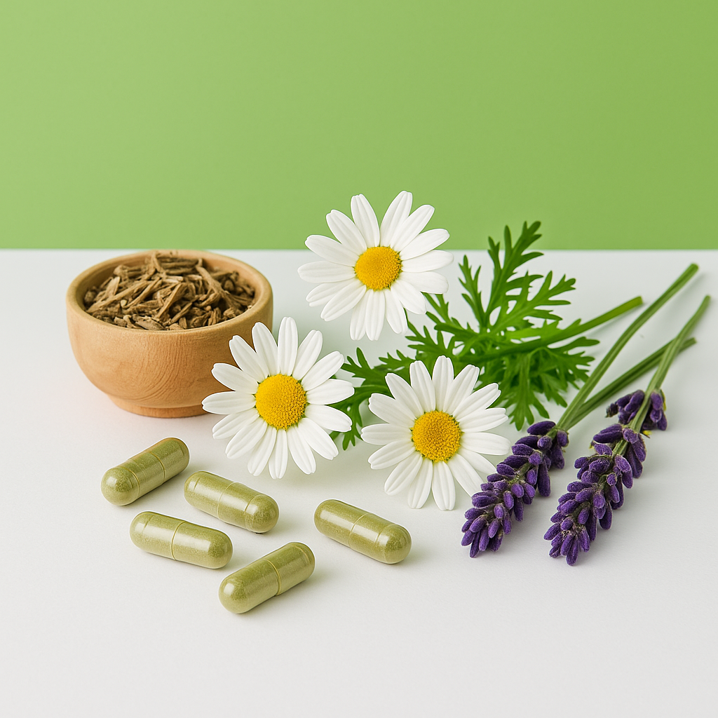 داروهای گیاهی برای کاهش استرس و بهبود خواب شامل سنبل‌الطیب، بابونه و اسطوخودوس در پس‌زمینه سبز و سفید